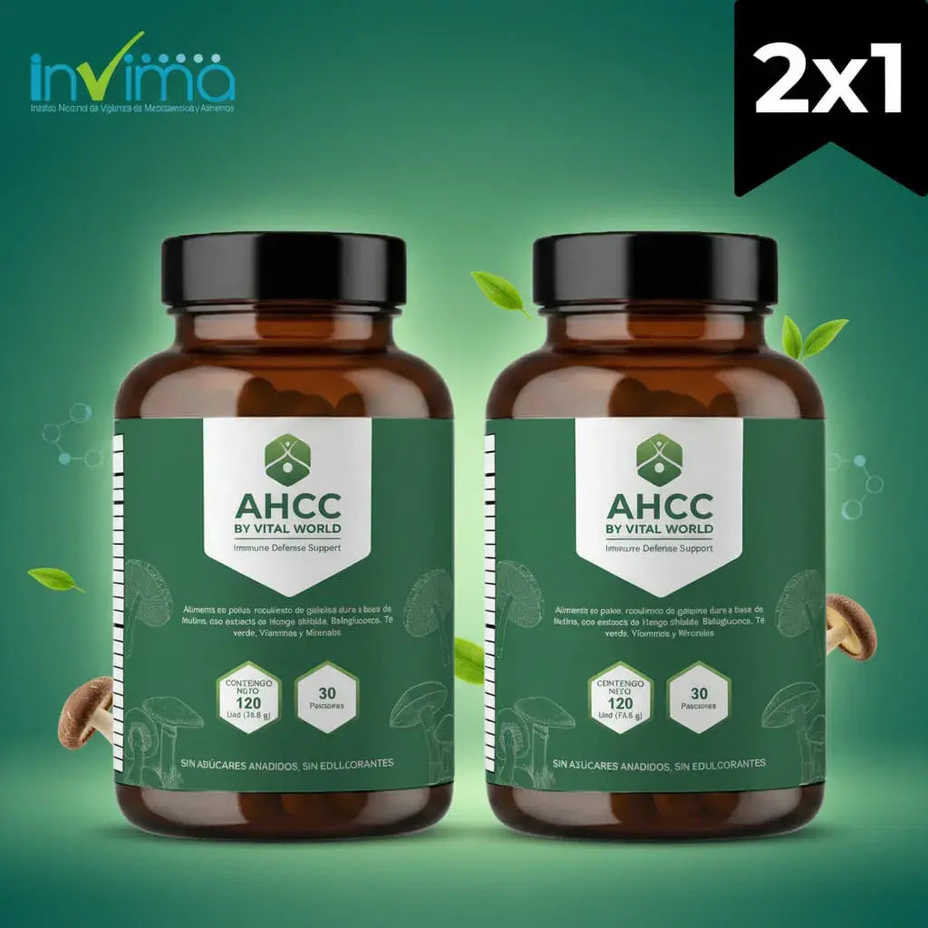 Kit x2 de AHCC Vital World con shiitake, betaglucanos de Ganoderma, té verde y 10 vitaminas y minerales como vitamina C, D, zinc y selenio. Apoya tus defensas todos los días. 60 porciones. Con INVIMA.