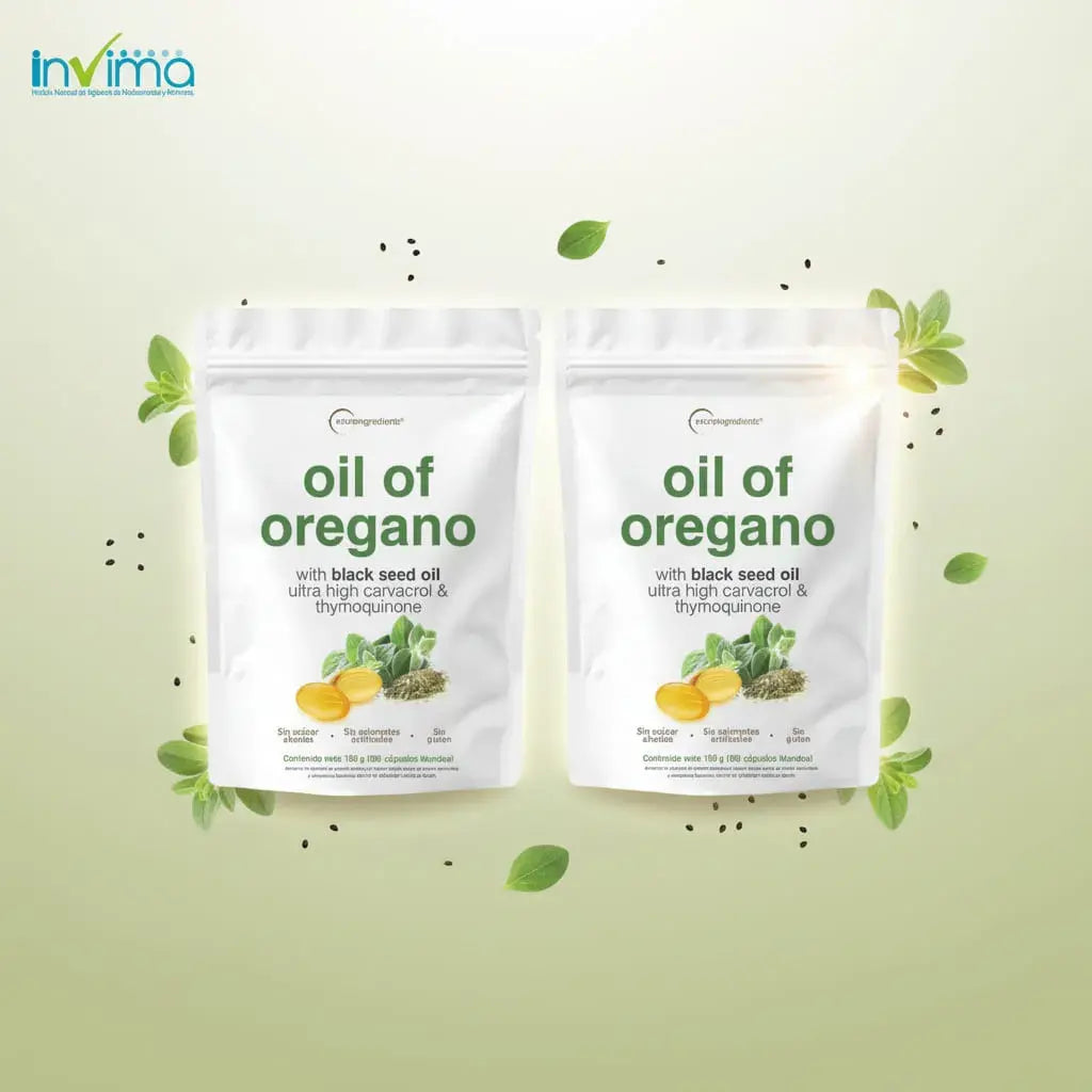 Combo x2 de aceite de orégano con aceite de comino negro (black seed oil) en 200 softgels y doypack resellable. Trae carvacrol y timoquinona, sin sabor fuerte, sin gluten, sin colorantes y sin azúcares añadidos. Con registro INVIMA.