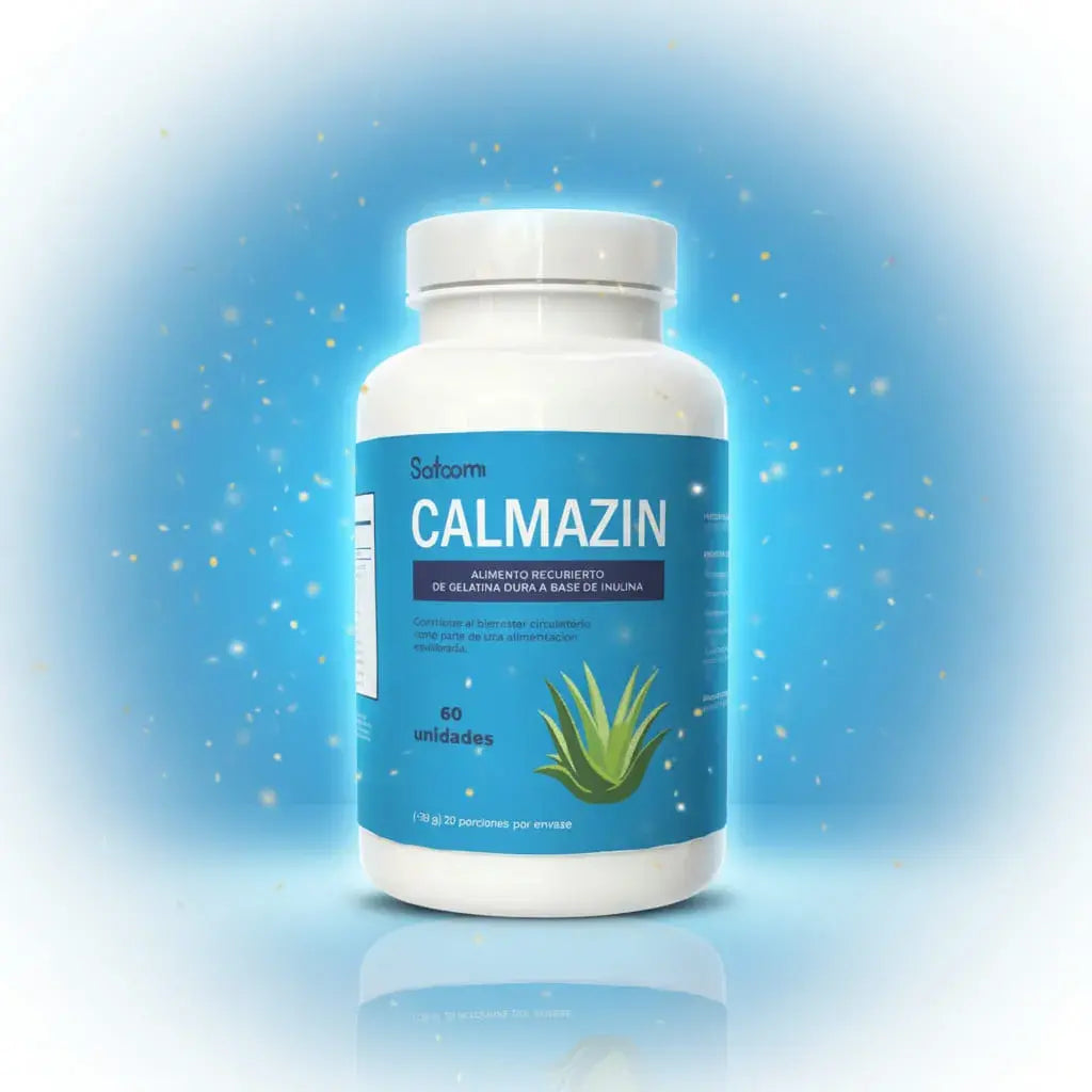 Calmazin Satoomi de 60 unidades, con inulina, arándano rojo, sábila, Omega 9, Omega 6 y ácido fólico, que contribuye a la formación normal de la sangre. Sin azúcar y con fibra. Rinde 20 porciones y tiene registro INVIMA.