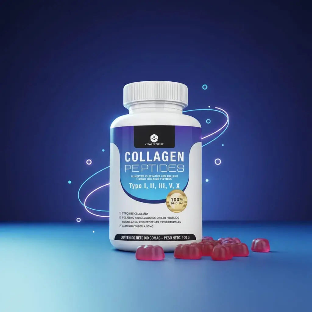 Collagen Peptides de Vital World: colágeno hidrolizado con 5 tipos (I, II, III, V y X) en 100 softgels líquidas, que rinden 50 porciones. Sin preparar, sin mezclar y sin sabor. Es el colágeno en cápsulas blandas más fácil de tomar todos los días.