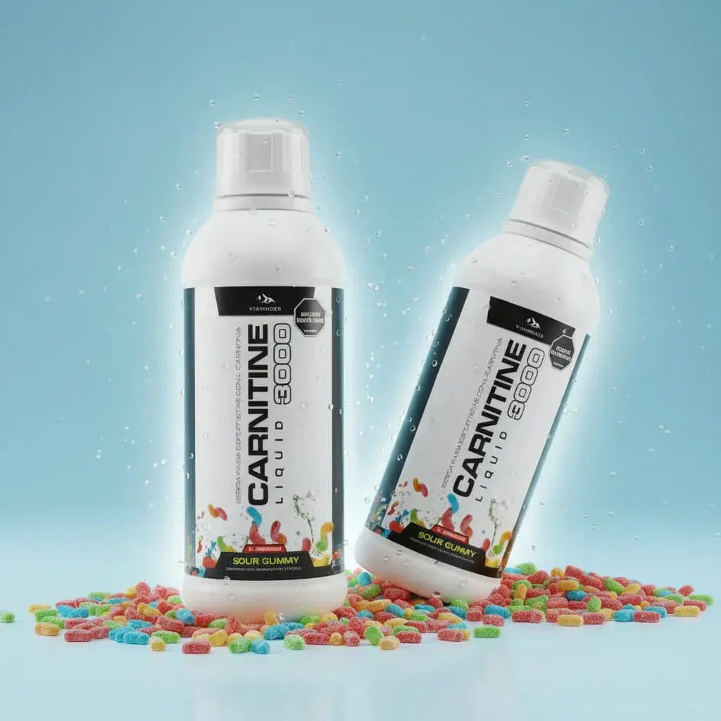 Combo x2 de Carnitine Liquid 3000 de Vital World, sabor gomitas ácidas: 3.000 mg de L-carnitina con vitaminas B1, B6 y B12 por porción, 62 porciones en total. Lista para tomar antes de entrenar. Con registro INVIMA.