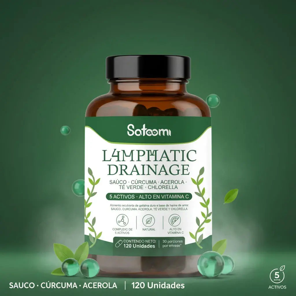 Lymphatic Drainage Satoomi, fórmula vegetal con chlorella, saúco, acerola, té verde y cúrcuma. Alta en vitamina C, con protección antioxidante y apoyo a tus defensas. Sin azúcares añadidos. 30 porciones. Con INVIMA.
