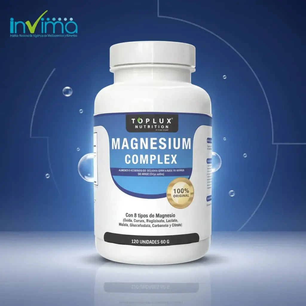 Magnesium Complex de Toplux Nutrition con 8 tipos de magnesio en 120 cápsulas que rinden 60 porciones, unos 2 meses. Contribuye a disminuir el cansancio, a la función muscular y al sistema nervioso normal. Con registro INVIMA.