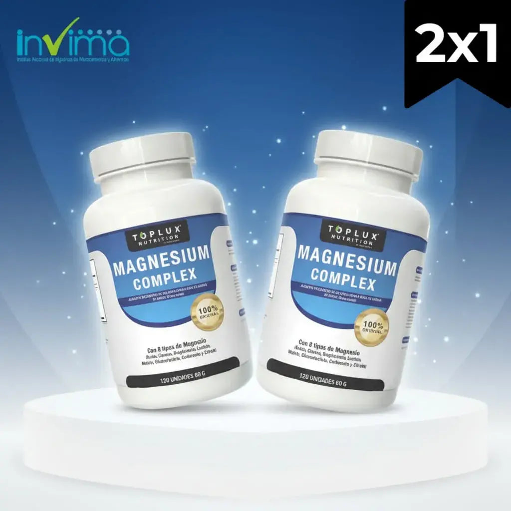 Combo x2 de Magnesium Complex de Toplux Nutrition: 8 tipos de magnesio en 240 cápsulas que rinden 120 porciones, unos 4 meses. Contribuye a disminuir el cansancio, a la función muscular y al sistema nervioso normal. Con registro INVIMA.