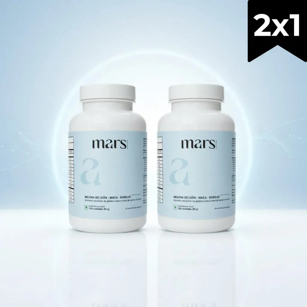 Combo x2 de MARS By Vital World: Melena de León 700 mg, maca 600 mg y borojó 400 mg por porción. Cada envase trae 120 unidades y 30 porciones, sin azúcares añadidos y con solo 7 kcal. Es un complejo de 3 activos con registro INVIMA.