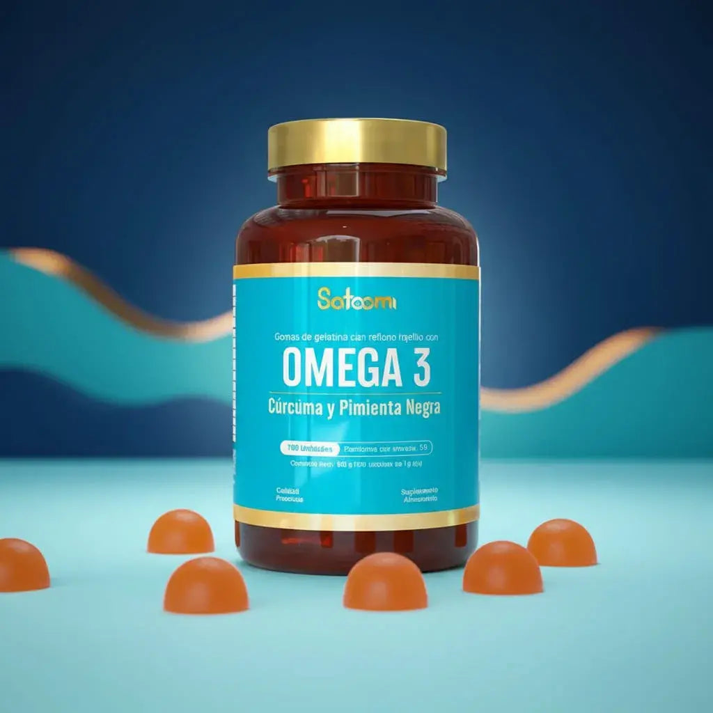 Omega 3 con cúrcuma y pimienta negra Satoomi. Suplemento dietario premium que apoya tu corazón, tu mente y tus articulaciones. Frasco x 100 unidades, rinde 50 porciones. Registro INVIMA.