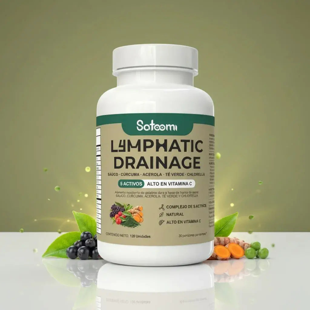 Lymphatic Drainage de Satoomi: chlorella 600 mg, saúco, acerola, té verde y cúrcuma, alto en vitamina C (61 mg) por porción. La vitamina C contribuye al sistema inmunitario. Sin azúcar añadida, con 30 porciones y registro INVIMA.