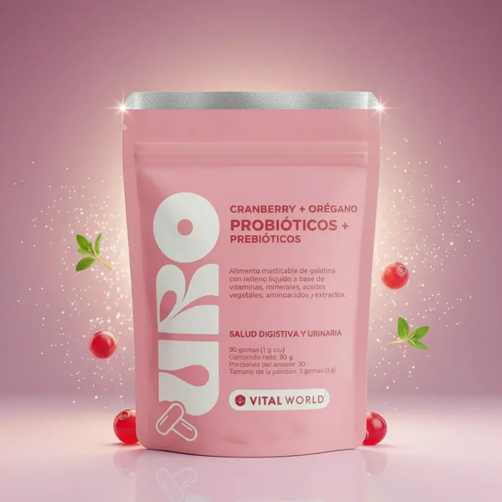 URO Vital World, probióticos y prebióticos con cranberry y orégano en softgels líquidas. Acompaña el equilibrio de tu flora intestinal y tu bienestar urinario e íntimo. 90 softgels, 30 porciones. Con INVIMA.