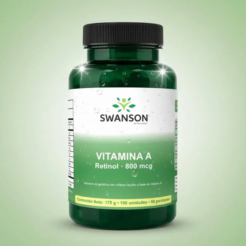 Vitamina A de Vital World: 800 mcg de retinol por porción en 100 softgels líquidas. Contribuye al mantenimiento de la visión normal, al sistema inmunitario y a la piel. Sin azúcares añadidos, fabricada en Colombia y con registro INVIMA.