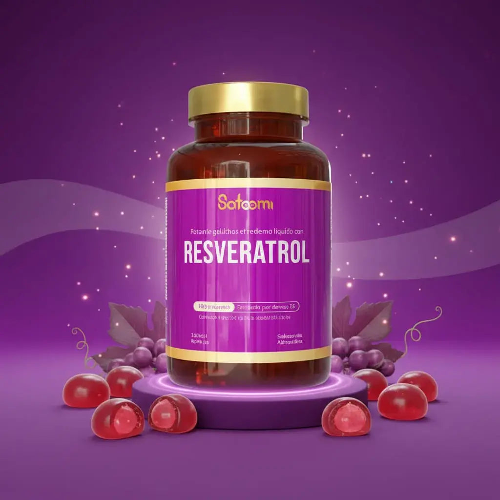 Resveratrol Satoomi, suplemento antioxidante premium de uso diario. Apoya tu bienestar cardiovascular, la vitalidad y el cuidado de tu piel desde adentro. Frasco x 100 unidades, rinde 50 porciones. Con INVIMA.