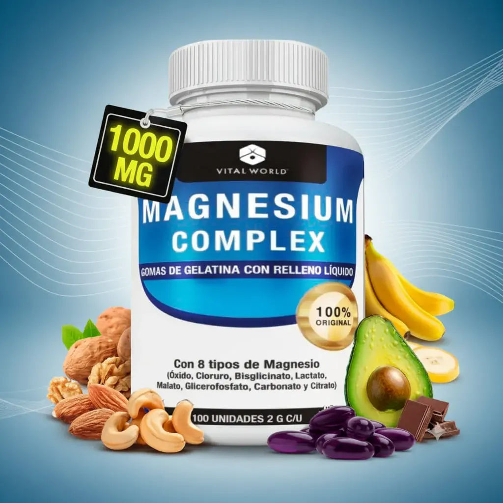 Magnesio Complex Vital World 100 Softgels – 8 Tipos de Magnesio en Cápsulas Blandas con Relleno Líquido, Sin Gluten ni Lactosa