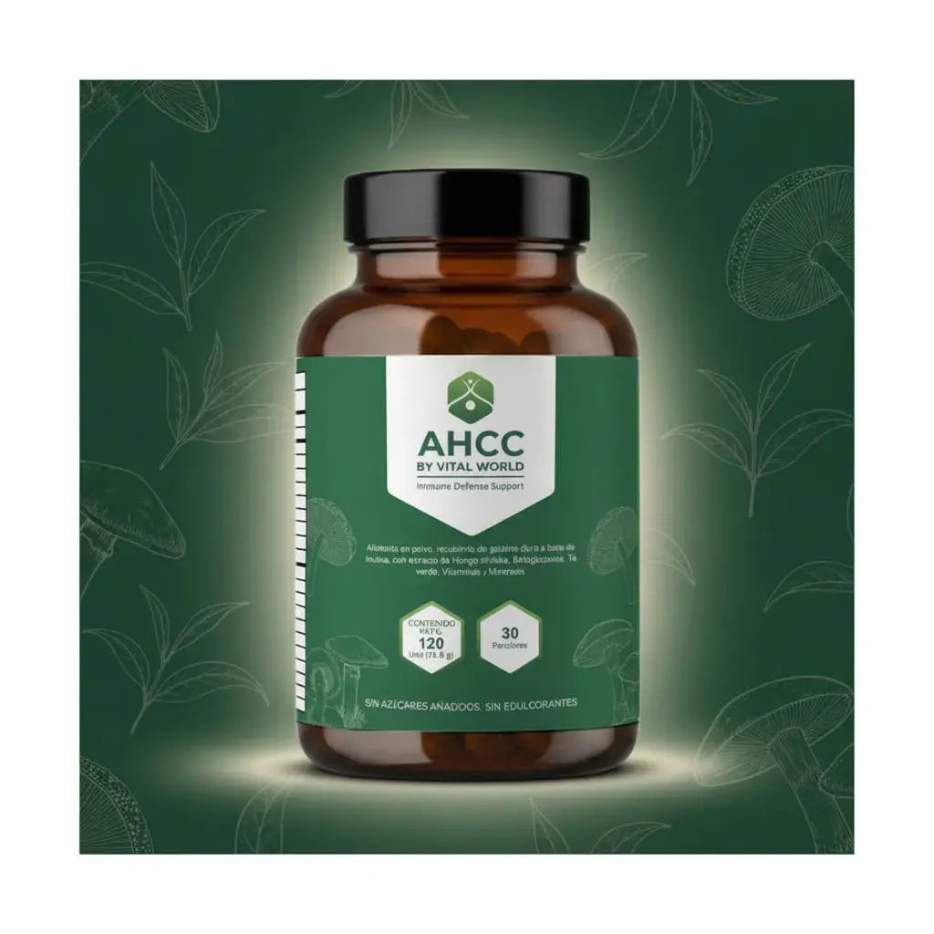 AHCC by Vital World con shiitake, betaglucanos de Ganoderma, té verde, vitamina C, D, A, zinc y selenio, que contribuyen al funcionamiento normal del sistema inmunitario. Trae 120 unidades y 30 porciones, sin azúcar, y es industria colombiana.