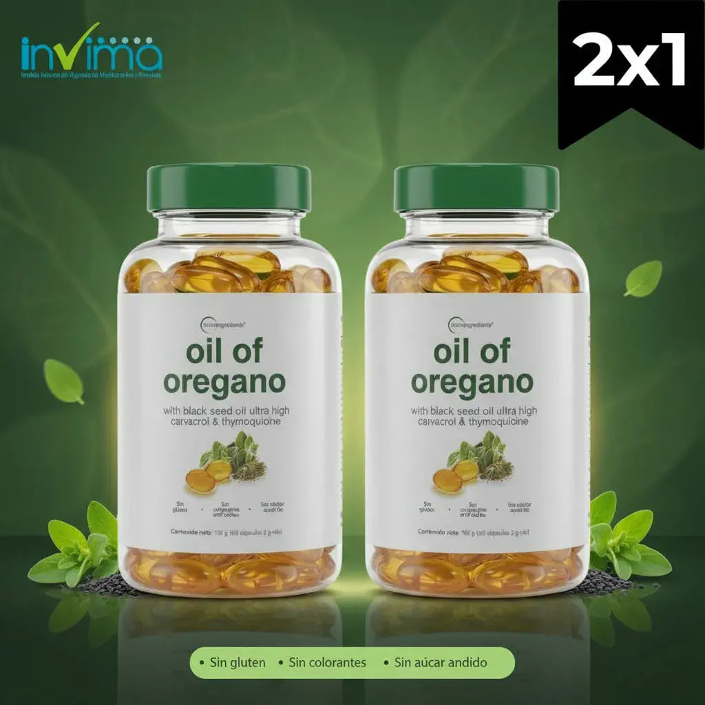 Combo x2 de aceite de orégano con aceite de comino negro (black seed oil) en 200 softgels. Trae carvacrol y timoquinona, sin sabor fuerte, sin gluten, sin colorantes y sin azúcares añadidos. Fácil de tomar y con registro INVIMA.