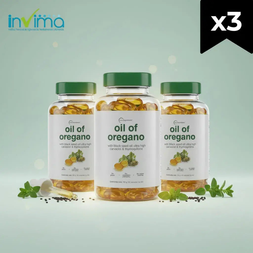 Combo x3 de aceite de orégano con aceite de comino negro (black seed oil) en softgel. Apoya tus defensas, tu digestión y la protección antioxidante. 300 cápsulas blandas. Sin gluten ni azúcares añadidos. Con INVIMA.