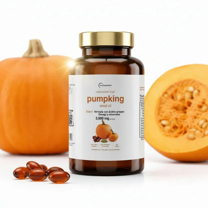 Aceite de semilla de calabaza (pumpkin seed oil) prensado en frío en softgels. Apoya el bienestar de la próstata, el confort urinario y el corazón. 90 cápsulas con omegas y minerales. Sin gluten ni azúcar añadida.