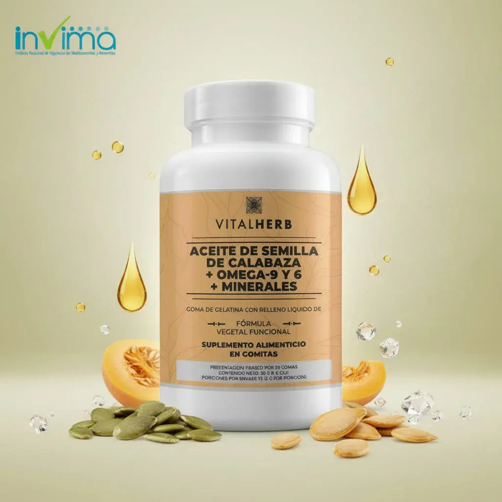 Aceite de Semilla de Calabaza de Vitalherb con Omega-9, Omega-6 y minerales en 30 softgels líquidas. Es una fórmula vegetal fácil de tomar, un ingrediente clásico del cuidado masculino. Ideal para probarlo o para combinar con otros productos.