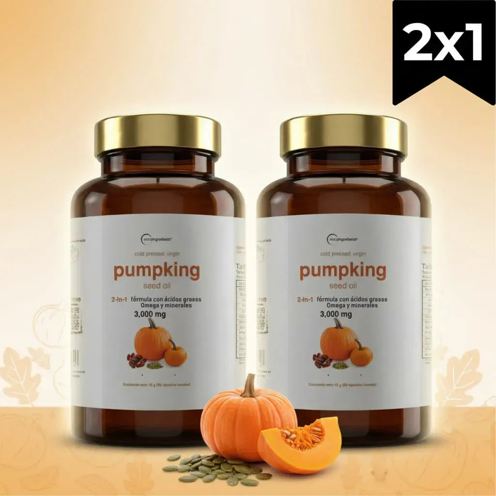 Combo x2 de Aceite de Semilla de Calabaza virgen prensado en frío, en 180 softgels y frascos ámbar con tapa dorada. Es fácil de tomar, sin sabor ni olor, sin gluten ni azúcar añadida. Un ingrediente tradicional del cuidado masculino.
