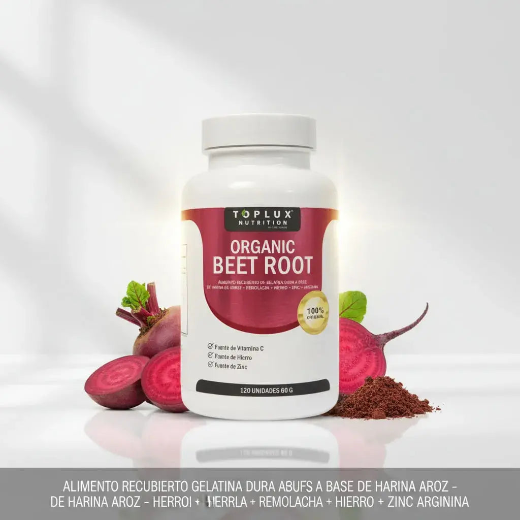 Beet Root de Toplux Nutrition: extracto de remolacha con arginina, hierro, zinc y vitamina C en 120 cápsulas y 30 porciones. El hierro contribuye al transporte normal de oxígeno y a disminuir el cansancio. Con registro INVIMA.