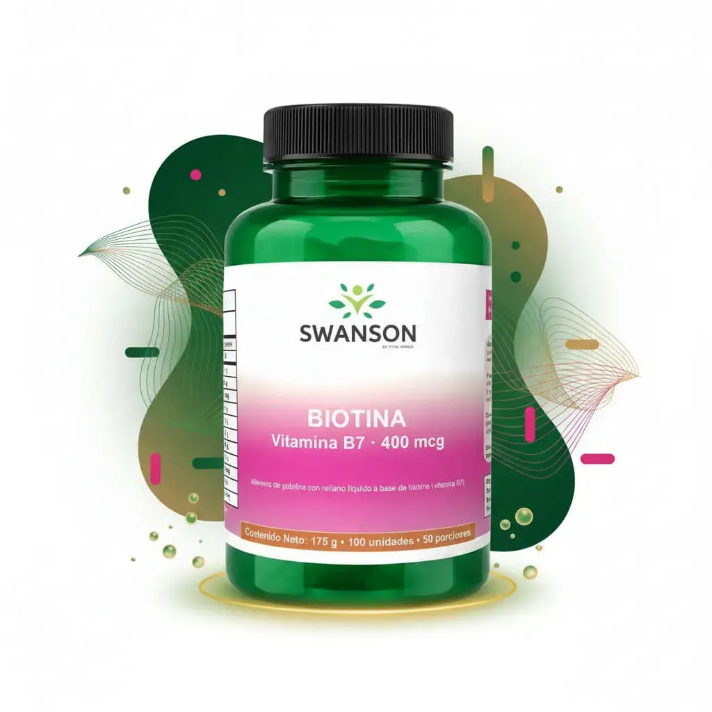 Biotina Swanson by Vital World, vitamina B7 de 400 mcg por porción en softgels líquidos. Contribuye al mantenimiento normal del cabello y la piel y al metabolismo energético. 100 softgels, 50 porciones. Con INVIMA.