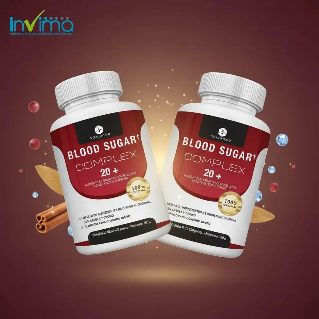 Combo x2 de Blood Sugar Complex 20+ Vital World en softgels líquidas, con canela, cromo y más de 20 ingredientes nutricionales. Apoya tu metabolismo y complementa un estilo de vida saludable. 200 unidades.
