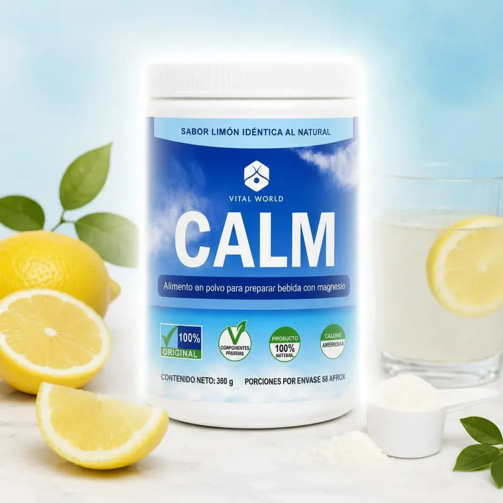 CALM by Vital World, magnesio bisglicinato en polvo con 8 vitaminas (C, E, D3 y complejo B). Bebida sabor limón para tu rutina de relajación y la función muscular. Sin azúcares añadidos. 58 porciones. Con INVIMA.