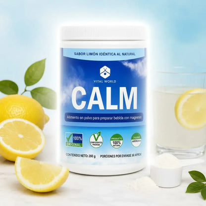 CALM by Vital World, magnesio bisglicinato en polvo con 8 vitaminas (C, E, D3 y complejo B). Bebida sabor limón para tu rutina de relajación y la función muscular. Sin azúcares añadidos. 58 porciones. Con INVIMA.