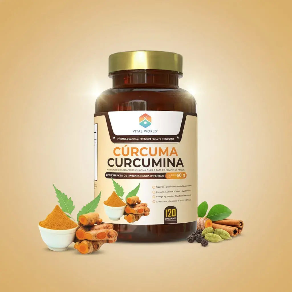Cúrcuma Curcumina Vital World con piperina de pimienta negra, azafrán, canela, cardamomo, vitamina C, Omega-9 y colina. Trae 120 unidades y 30 porciones. Es una fórmula botánica para acompañar tu rutina activa, con registro INVIMA.