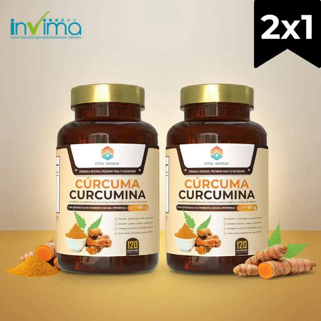 Kit x2 de Cúrcuma Curcumina Vital World con pimienta negra (piperina), azafrán, canela, cardamomo, omega-9 y vitamina C. Apoya tus articulaciones, tu movilidad y la protección antioxidante. 60 días. Con INVIMA.