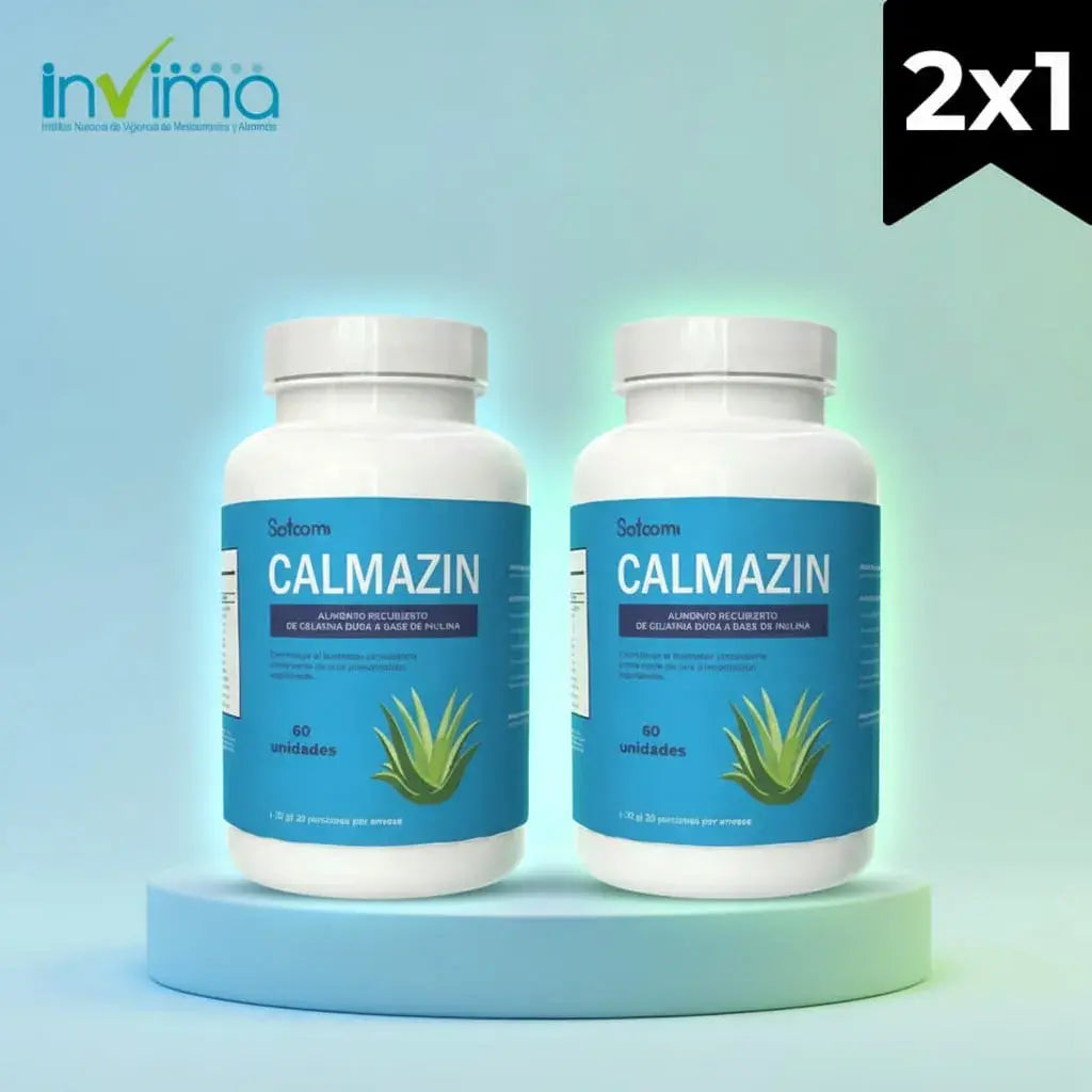 Combo x2 de Calmazin Satoomi, con 60 unidades por frasco. Tiene inulina, arándano rojo, sábila, Omega 9, Omega 6 y ácido fólico, que contribuye a la formación normal de la sangre. Sin azúcar, con fibra y registro INVIMA. Rinde 40 días.