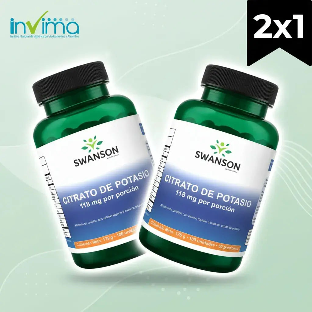 Kit x2 de Citrato de Potasio Swanson by Vital World en softgels con relleno líquido. Apoya la función muscular, el sistema nervioso y el balance mineral. 118 mg por porción, 200 softgels para 100 días. Con INVIMA.