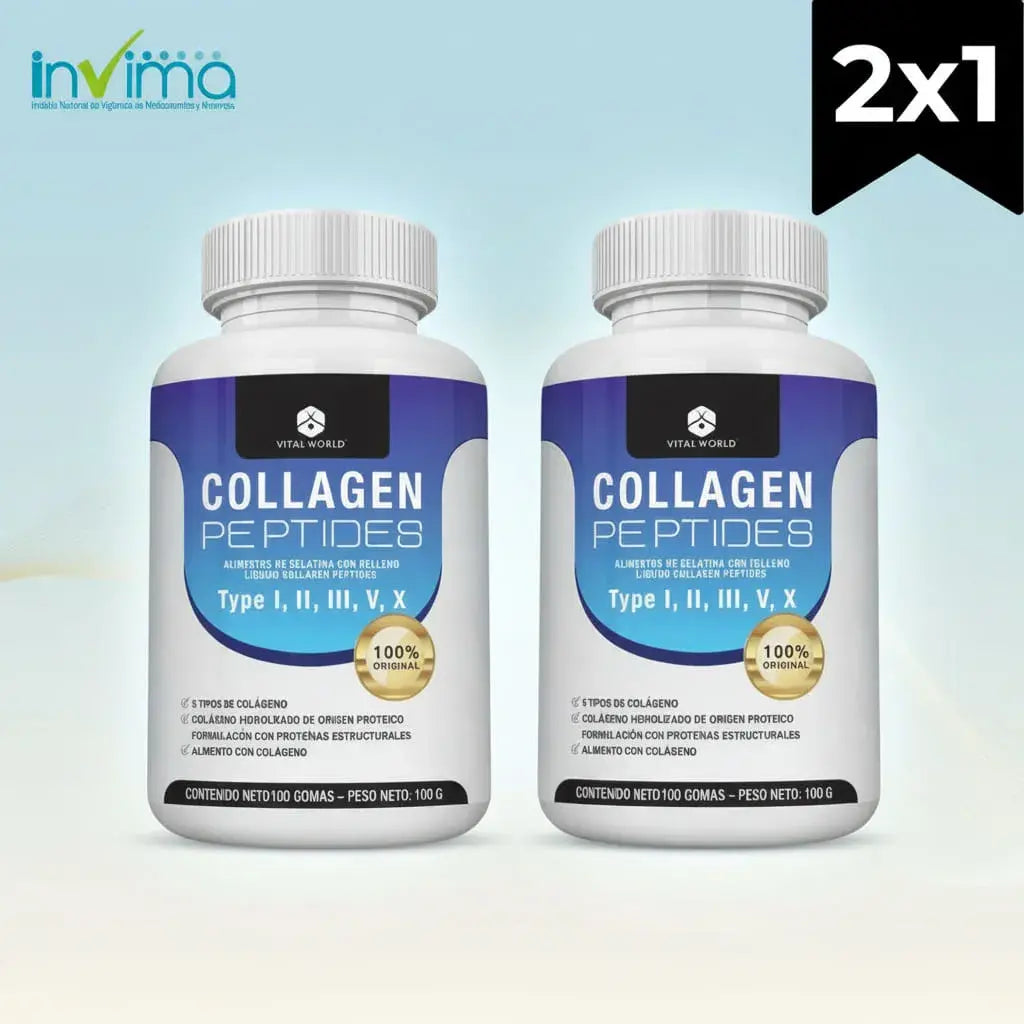 Combo x2 de Collagen Peptides Vital World: colágeno hidrolizado con 5 tipos (I, II, III, V y X) en 200 softgels líquidas. Rinde más de 3 meses, sin preparar ni mezclar. Es colágeno en cápsulas blandas, fácil de tomar todos los días.