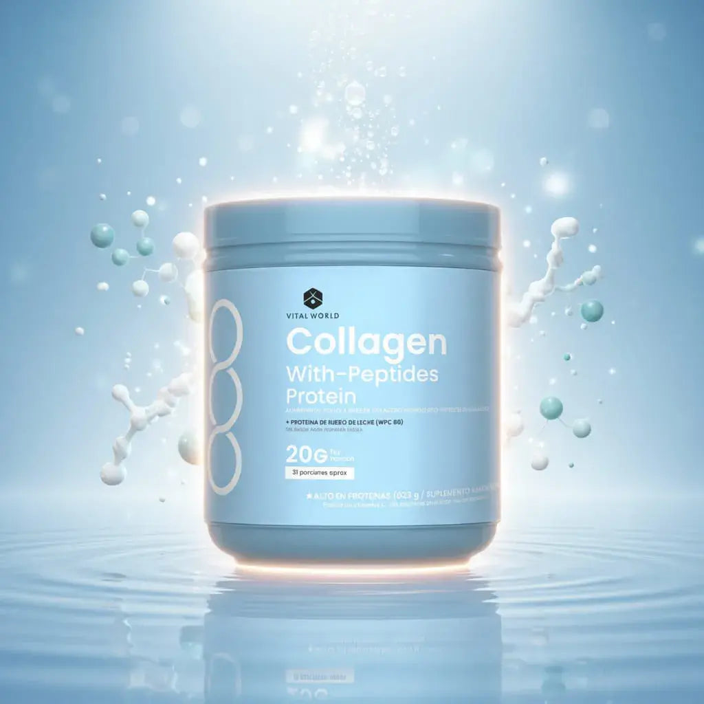 Colágeno hidrolizado en péptidos con proteína de suero WPC 80 y vitamina C de Vital World. Apoya tu piel, tus músculos y tus articulaciones. Sin azúcares añadidos. 623 g, aprox. 31 porciones. Con INVIMA.