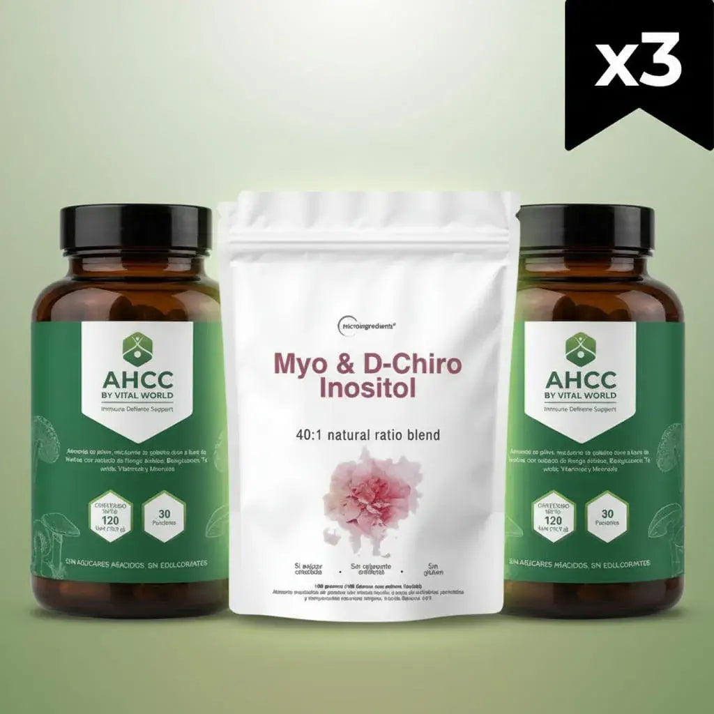 Combo x3: 2 AHCC by Vital World con shiitake, Ganoderma, vitamina C, D3, zinc y selenio, que contribuyen al sistema inmunitario, más 1 Myo-Inositol de 1.000 mg en gomitas con colina. Rinde 2 meses de rutina.