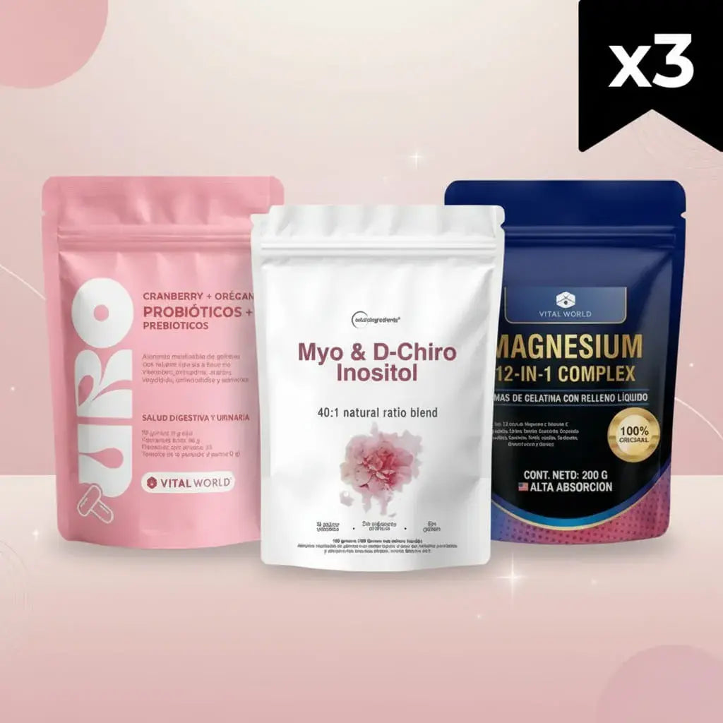 Combo de bienestar femenino x3 en gomitas: URO Probióticos con cranberry y orégano, Myo y D-Chiro Inositol 40:1 y Magnesio 12 en 1 con vitamina C. Es una rutina completa para tu digestión, tu equilibrio y tu descanso, con registro INVIMA.