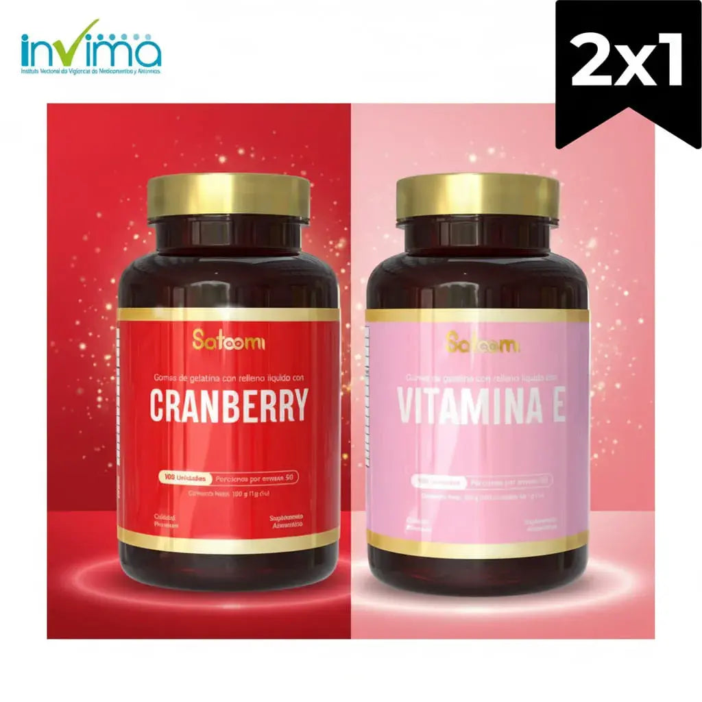 Combo x2 de Cranberry y Vitamina E de Safaam, con 100 unidades por frasco y registro INVIMA. El cranberry es un clásico del cuidado femenino, y la vitamina E contribuye a proteger las células del daño oxidativo. Ideal para regalar.