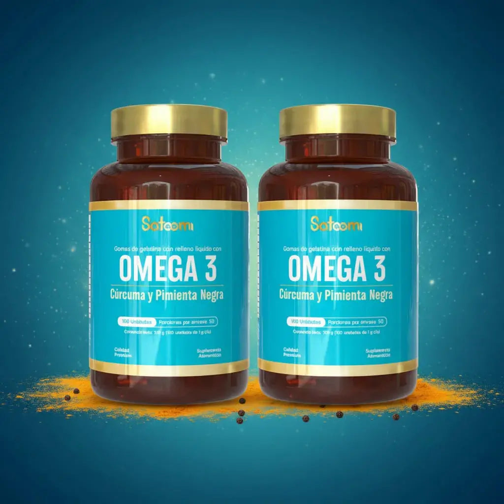 Combo x2 de Satoomi Omega 3 con Cúrcuma y Pimienta Negra: 200 unidades con tres ingredientes en una sola fórmula. Es práctico, fácil de tomar e ideal si comes poco pescado. Con registro INVIMA. Perfecto para compartir en familia.