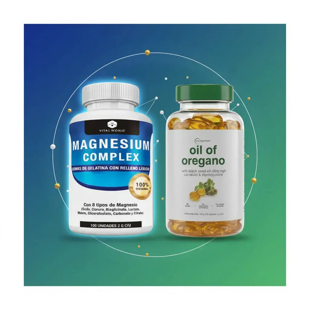 Combo de Magnesium Complex de Vital World (8 tipos de magnesio) y Aceite de Orégano con comino negro, en 200 softgels. El magnesio contribuye a disminuir el cansancio y a la función muscular y nerviosa. Con registro INVIMA.