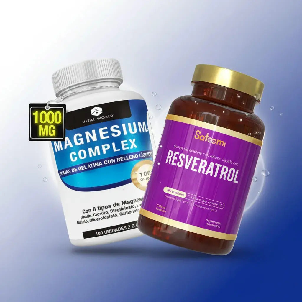 Combo de Magnesium Complex Vital World y Resveratrol Satoomi en 200 softgels líquidas. El magnesio contribuye a disminuir el cansancio y al funcionamiento de los músculos y los nervios. El resveratrol es un antioxidante de la uva. Rinde 50 días.