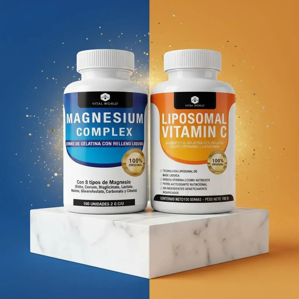 Combo de Magnesio Complex y Vitamina C Liposomal de Vital World en 200 softgels líquidas. Contribuyen a disminuir el cansancio, a la función muscular y nerviosa, a las defensas y a la formación de colágeno. Rinde 50 días.