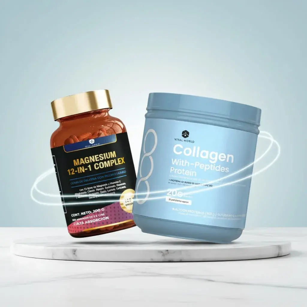 Combo Vital World: Collagen with Peptides Protein de 623 g, con proteína de suero y colágeno hidrolizado, más Magnesium 12 en 1 con vitamina C. La proteína contribuye a la masa muscular y el magnesio a disminuir el cansancio.