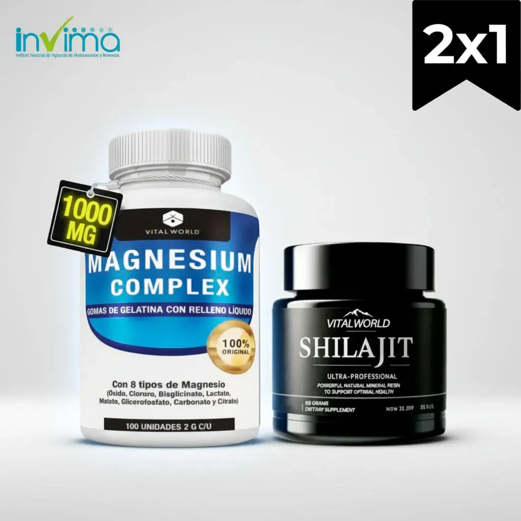 Combo para hombre de Vital World: Shilajit en resina pura de 60 g y Magnesium 12 en 1 Complex con vitamina C. El magnesio contribuye a disminuir el cansancio y a la función muscular y nerviosa. Con registro INVIMA. Ideal para regalar.