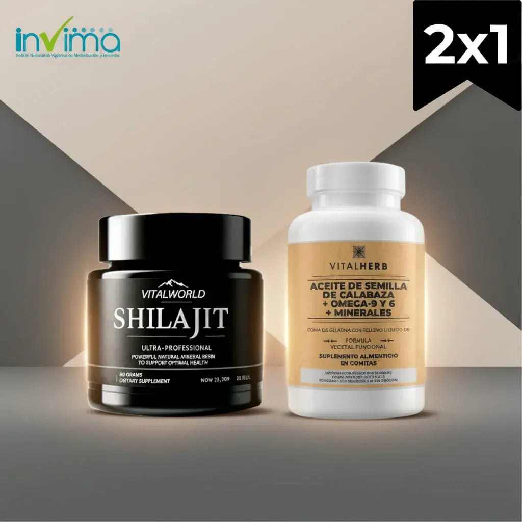 Combo para hombre: Shilajit en resina pura de Vital World de 60 g y Aceite de Semilla de Calabaza de VitalHerb con Omega 3, 6 y 9 en softgels. Son dos clásicos del bienestar masculino con registro INVIMA. Ideal para regalar.