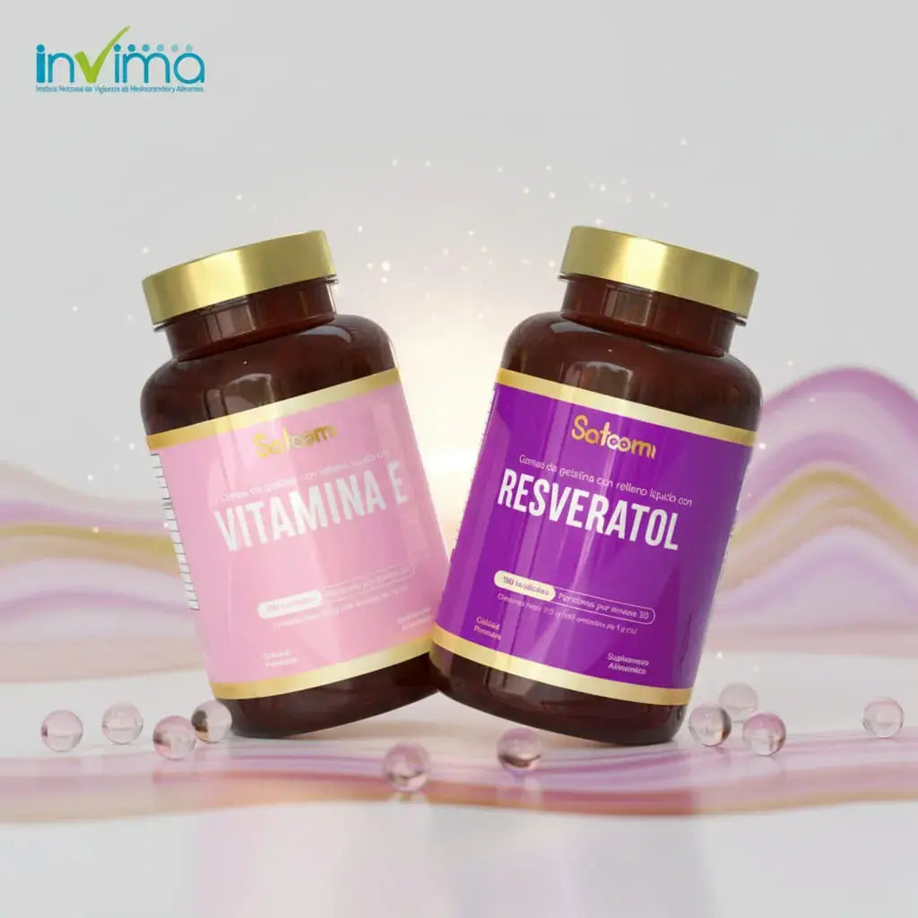 Combo x2 de Vitamina E y Resveratrol de Safaam: 200 softgels con centro líquido en frascos premium con tapa dorada. La vitamina E contribuye a proteger las células del daño oxidativo. Con registro INVIMA. Ideal para regalar.