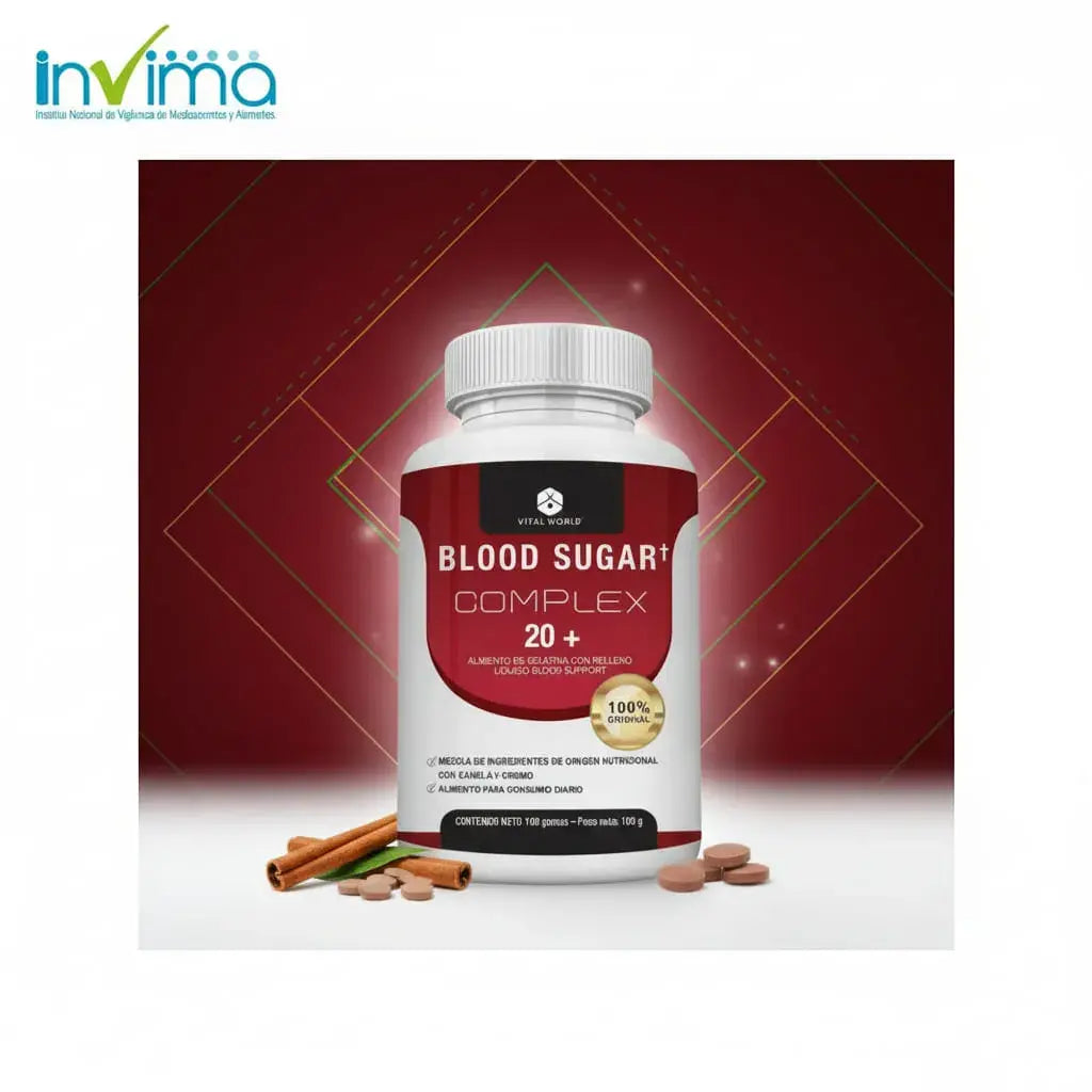 Complex 20+ de Vital World con canela, cromo y más de 20 ingredientes en 100 softgels líquidas. El cromo contribuye al mantenimiento de niveles normales de glucosa en la sangre y al metabolismo de los macronutrientes. Rinde 50 porciones.