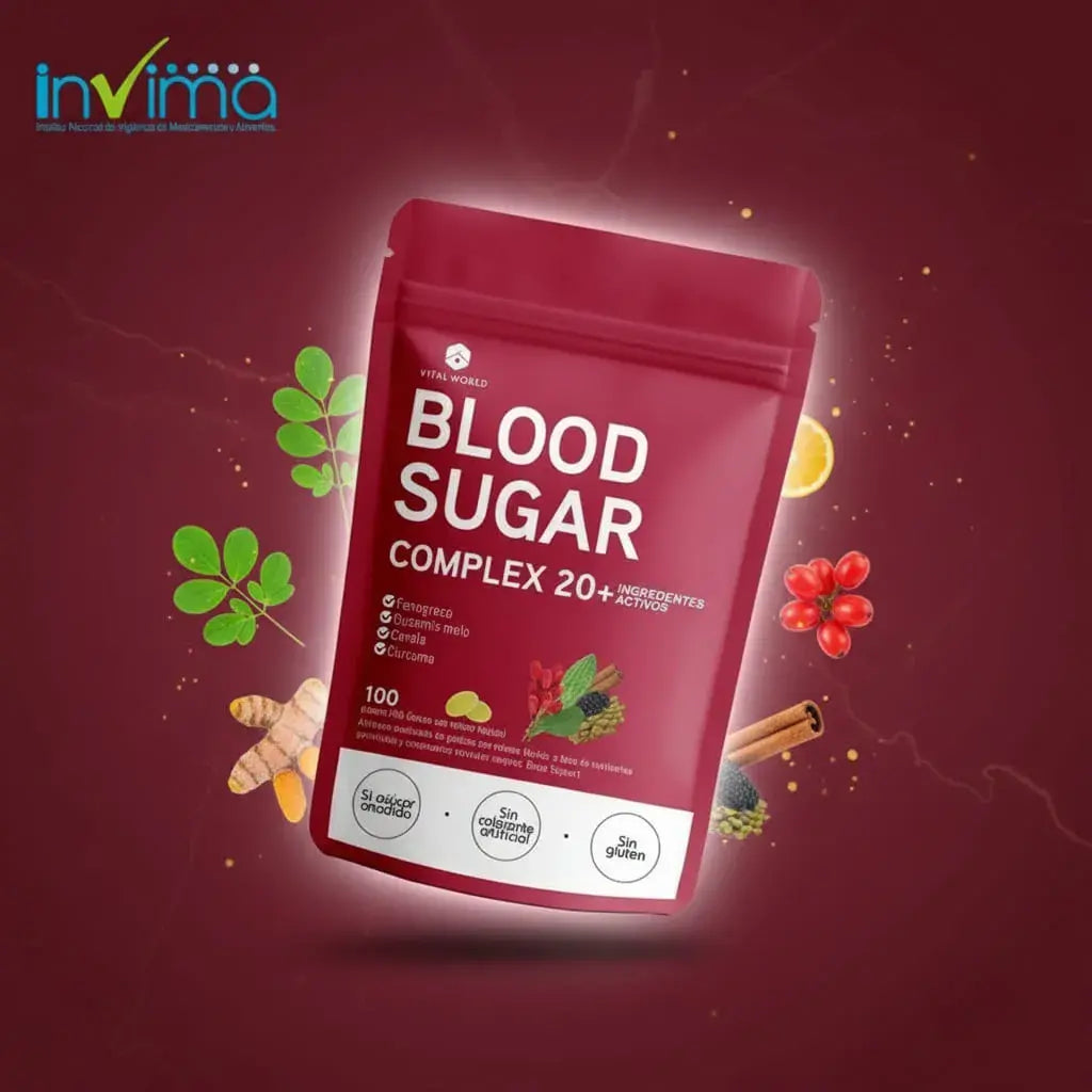 Complex 20+ de Vital World en doypack resellable: softgels líquidas con canela, cúrcuma, fenogreco, cromo y más de 20 ingredientes. El cromo contribuye al mantenimiento de niveles normales de glucosa. Sin gluten ni colorantes.