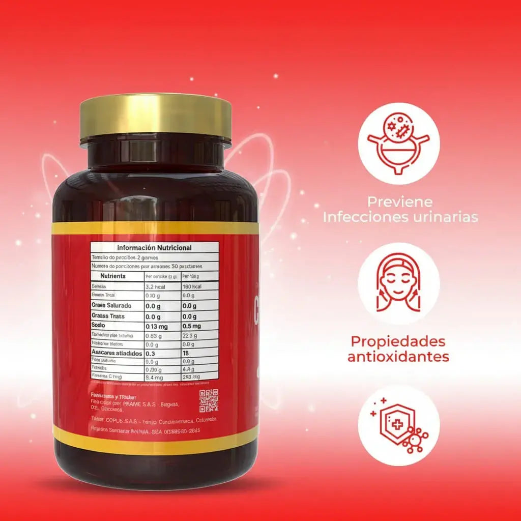 Cranberry Satoomi, gomitas de arándano rojo con relleno líquido. Acompañan el bienestar urinario y aportan protección antioxidante. Deliciosas y fáciles de tomar. Frasco x 100 unidades, 50 porciones. Con INVIMA.