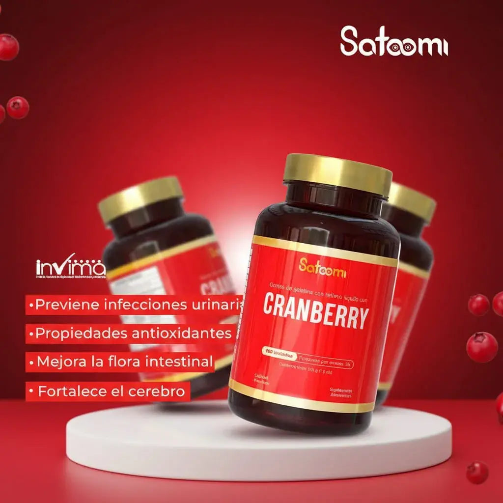 Cranberry Satoomi, gomitas de arándano rojo con relleno líquido. Acompañan el bienestar urinario y aportan protección antioxidante. Deliciosas y fáciles de tomar. Frasco x 100 unidades, 50 porciones. Con INVIMA.