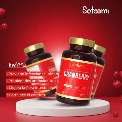 Cranberry Satoomi, gomitas de arándano rojo con relleno líquido. Acompañan el bienestar urinario y aportan protección antioxidante. Deliciosas y fáciles de tomar. Frasco x 100 unidades, 50 porciones. Con INVIMA.