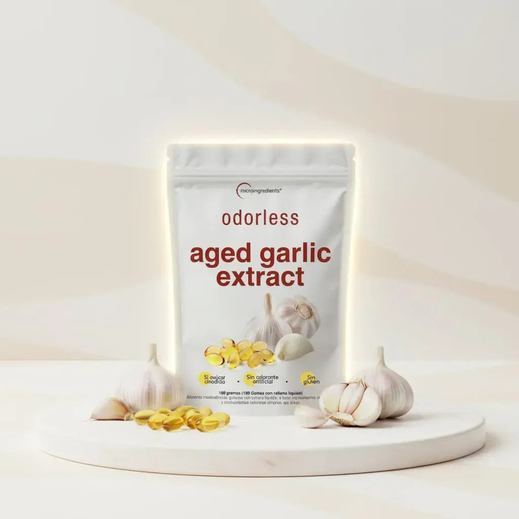 Odorless Aged Garlic Extract Microingredients, extracto de ajo envejecido sin olor en softgels líquidas. Apoya tu bienestar cardiovascular, tus defensas y la protección antioxidante. 100 cápsulas. Sin gluten.