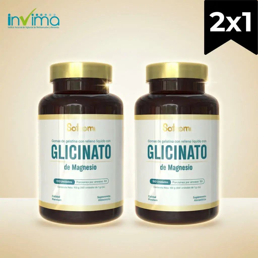 Combo x2 de Glicinato de Magnesio Satoomi: 200 unidades fáciles de tomar y sin pastillas. El magnesio contribuye a disminuir el cansancio, a la función muscular, al sistema nervioso y a los huesos. Con registro INVIMA.